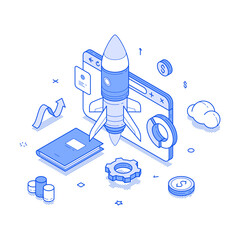 Wall Mural - Startup online business digital marketing success strategy development isometric vector illustration. Internet commercial optimization efficiency and productivity creative innovation idea merchandise