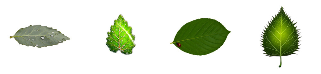 Wall Mural - Four diverse leaf types with water droplets and one with a ladybug isolated on black, cut out