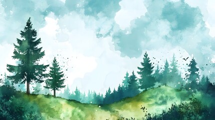 A serene landscape featuring lush green meadows and tall pine trees under a bright blue sky with fluffy clouds. Watercolor pine trees forest illustration
