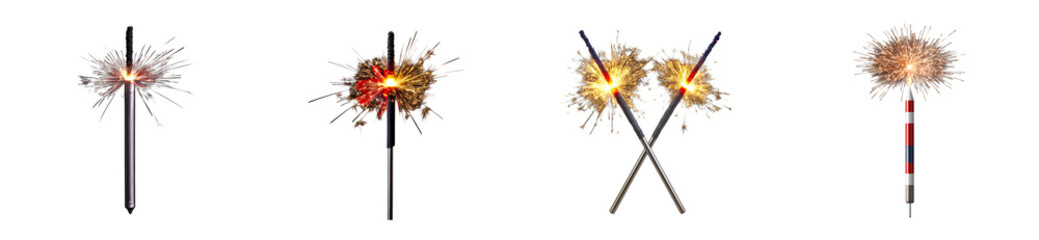 Wall Mural - Four sparklers and fireworks on a transparent background, cut out