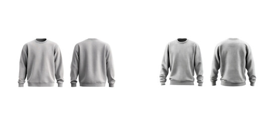 Four grey crewneck sweatshirts displayed front and back on a transparent, cut out