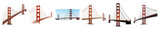 Golden Gate Bridge set including various perspectives, day, and night views isolated. San Francisco travel and architecture collection.