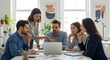 © diah - team meeting inside office with people reviewing marketing plan and analyzing performance reports using laptop data sheets and paperwork work and office life business activity photo