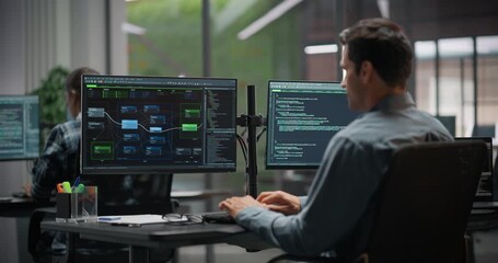 Software Developer Working on Computer in Office, Writing Source Code for an App. IT Programming Department Researching and Developing Commercial Internet Products, Updating AI Database