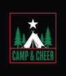 © Artful tamanna - Camp & Cheer – Christmas Camping Tent with Pine Trees Badge T‑Shirt Vector