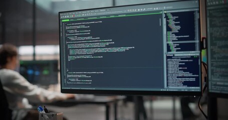 Female Software Developer Working on Desktop Computer, Writing Code and Managing Projects for a Corporate IT Partner. Dolly Shot Sliding Right to Show a Close Up of a Screen with Source Code