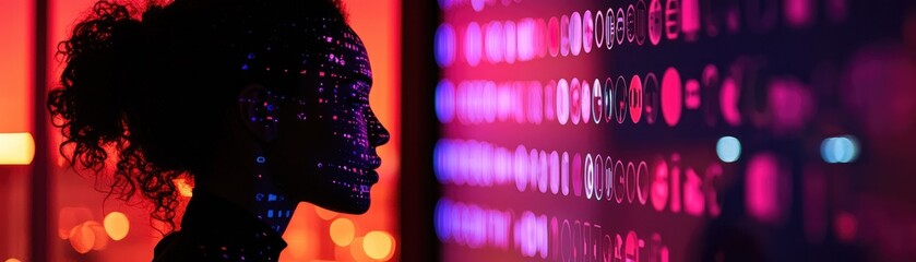 Profile of a person facing digital data.