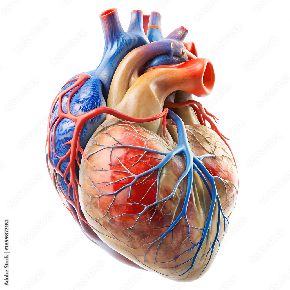 Detailed anatomical model of a human heart, showing arteries and veins ...