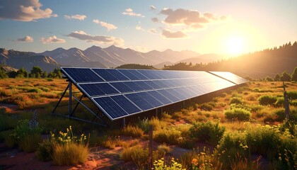 A sprawling solar panel array rests on a grassy hillside, bathed in golden sunlight, against a backdrop of majestic mountains.