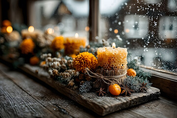 Wall Mural - Rustic Autumn Candle Arrangement with Marigolds on Wooden Plank by a Rainy Window