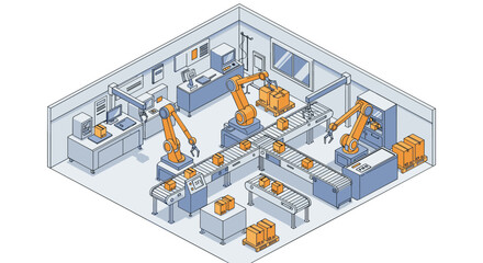 Modern isometric factory with robotic assembly line in blue and orange