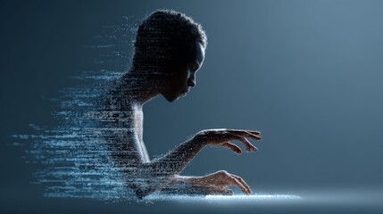 Programmer is working with a data stream, symbolizing the interaction between humans and artificial intelligence in software development and data analysis