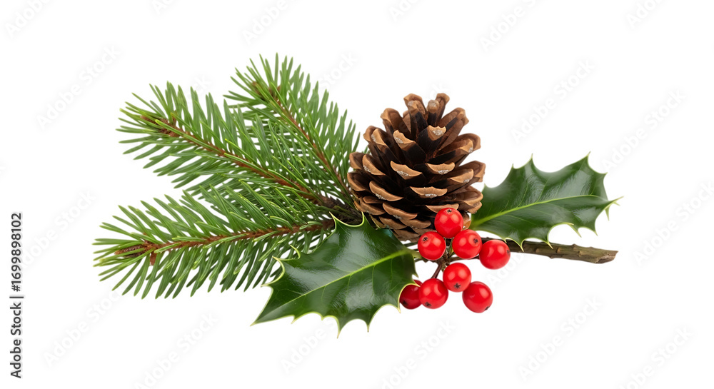 Festive christmas arrangement of pine cones holly and berries Isolated ...