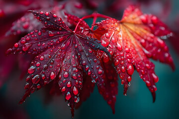 Wall Mural - Vibrant Red Maple Leaves with Water Droplets - Nature's Autumn Beauty