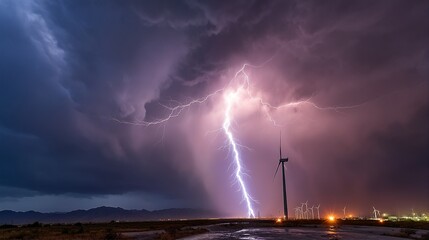 Wall Mural - a vibrant lightning strike illuminates a wind farm against a dramatic purple and blue stormy sky.