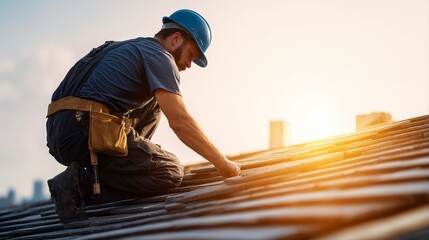 Wall Mural - a construction worker kneels on a tiled roof, carefully inspecting or repairing it against a bright, warm sunset.