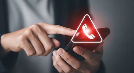 Person using a smartphone with a red warning icon of a phone on the screen, symbolizing a problem or emergency call