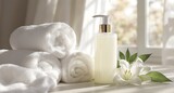 Serene bathroom scene with a cosmetic product mockup, fresh white towels, and a delicate lily flower