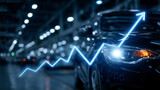 Automotive Industry Growth: A visual representation of the car industry's success, with a prominent upward arrow graph, illustrating market expansion and prosperity in the automotive field.