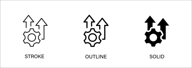 Gear icon with arrow for improvement, development, growth, finance business. Vector stroke, outline and solid icon. Eps10 file.