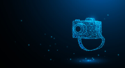 Wall Mural - Classic camera, ordinary camera, designed in a graphic technology line style, blue tone, lines connected to form many triangles, forming a camera.