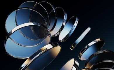 Wall Mural - abstract dark 3d background with neon glass circle disc and blue brown gradient. circular ring motio