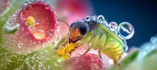 Wall Mural - Delicate Insect Collecting Pollen Amongst Sparkling Dewdrops on Flower s Petals in Macro Focus