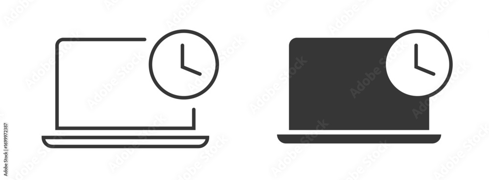 Screen time on laptop computer pc clock icon simple line stroke outline ...