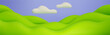 © klyaksun - 3d cartoon hills landscape with fluffy clouds floating in blue sky - stylized minimal nature background illustration. Curvy green mounds in bright vibrant colors. Simple cute countryside scenery.