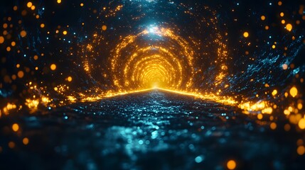 Abstract tunnel of glowing particles in blue and orange light bokeh digital art futuristic