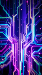 Wall Mural - Abstract image of interconnected glowing lines resembling a circuit board or futuristic network, with vibrant colors and a dark background.