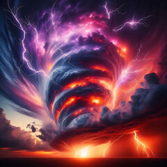 Wall Mural - A dramatic sunset sky features a storm cloud illuminated by lightning, with a swirling vortex indicating powerful natural energy and movement. The scene is characterized by vibrant, fiery colors and a
