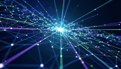 Abstract digital network background with glowing light connections and data streams, representing modern technology and communication