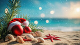 Red Christmas balls and a Santa Claus hat resting on a tropical beach, surrounded by seashells and starfish, evoke the warmth of a festive holiday getaway in paradise