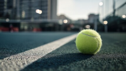 Close up bright yellow tennis ball resting on professional racket over outdoor hard tennis court with white line markings, sporty background for training, competition, match, leisure and recreation co