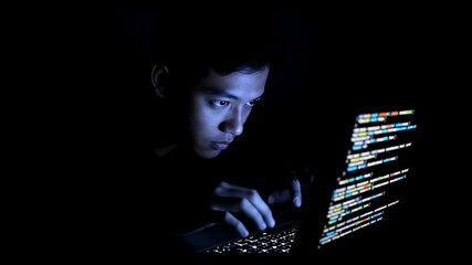 Young Hacker Intensely Coding on a Laptop in a Dark Room, Face Illuminated by Glowing Code