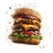© FMSTUDIO - A towering burger features juicy patties, melted cheese, fresh vegetables, and sesame seed bun, capturing attention