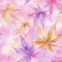 Wall Mural - Watercolor leaves and sparkling background with autumn leaves in pink and purple shades, decorated with golden glitter on a soft background.