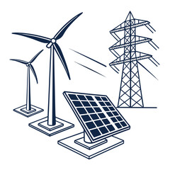 Vector art of hand drawn illustration of wind turbines, solar panel, and power lines, representing renewable energy sources, promoting sustainability