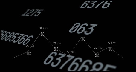 Wall Mural - Displaying white line graph on dark canvas with trend markers, numeric labels, numbers, copy space