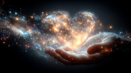 Wall Mural - hand holding a heart shaped nebula surrounded by cosmic dust in a beautiful vibrant universe
