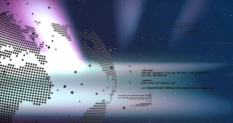 Wall Mural - Rotating dotted globe occupying left of digital interface, with floating code fragments, copy space