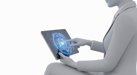 Futuristic digital interface interaction person using tablet with glowing blue technology graphics data analysis concept