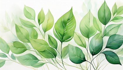 watercolor painting of light green leaves on white background creating fresh and natural atmosphere leaves vary in shades adding depth and texture to artwork