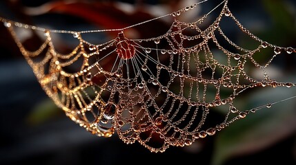Dew-covered spiderweb glistens in soft, warm light against a blurred, colorful foliage backdrop