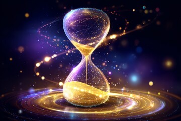 Time's passage is symbolized by the cosmic hourglass, surrounded by a vibrant tapestry of celestial colors and swirling galaxies