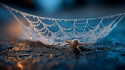 Frost-covered spiderweb and spider, illuminated by blue and warm light on dark surface
