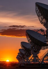 Array of Radio Telescopes at Sunset Capturing Cosmic Wave Signals