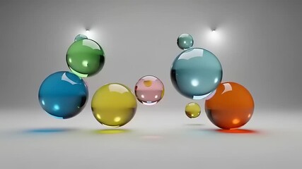 Dynamic spheres animation, colorful glassy spheres, 3d rendered motion graphics, floating animation