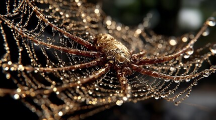 Spider on a web covered in dew drops, against a blurred dark background
